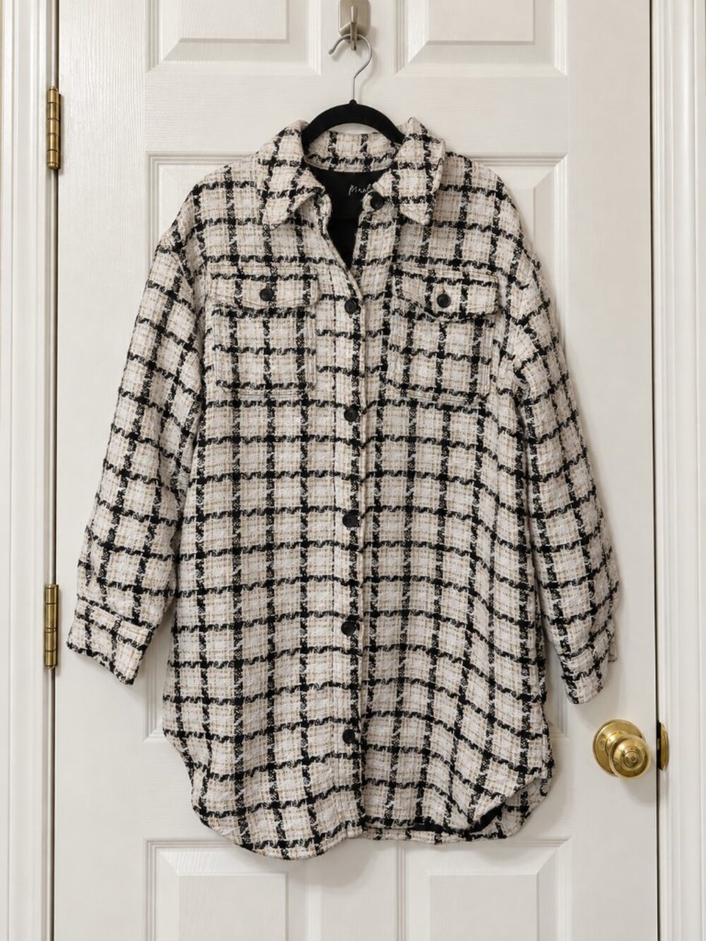 Marled Black Cream Gold Plaid Tweed Longline Shacket M
